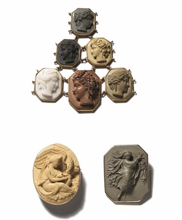 ELEMENTO COMPOSTO DA SEI CAMMEI IN ORO GIALLO, ORO A BASSO TITOLO, PIETRA...