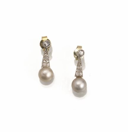 PAIO DI ORECCHINI PENDENTI IN ORO GIALLO 14 K, ORO BIANCO, PERLE NATURALI E...