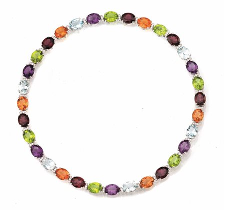 COLLANA IN ORO BIANCO, PIETRE DI COLORE E DIAMANTIrealizzata ad una fila di...