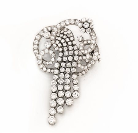 SPILLA IN PLATINO, ORO BIANCO E DIAMANTImodellata a volute e corolle con al...