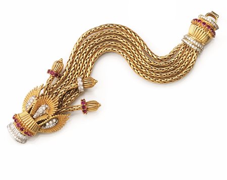 BRACCIALE, ANNI '50, IN ORO GIALLO, ORO BIANCO, RUBINI E DIAMANTIrealizzato...