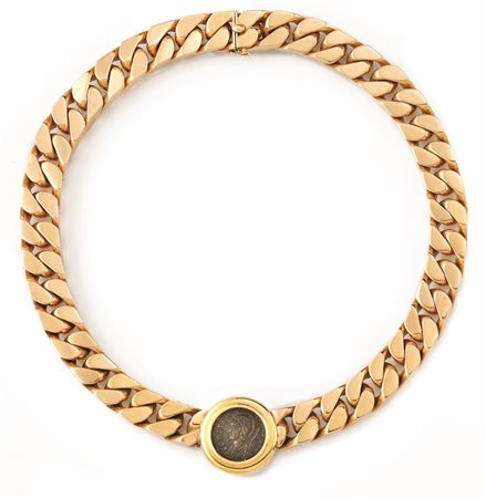 COLLANA, WEINGRILL, IN ORO BIANCO E MONETA ROMANAa maglia barbazzale...