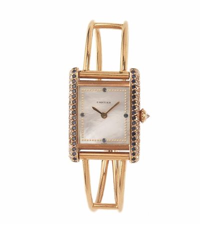 OROLOGIO DA POLSO PER SIGNORA CARTIER, IN ORO GIALLO, DIAMANTI, ZAFFIRI E...