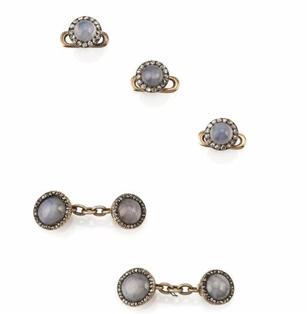 PAIO DI GEMELLI E TRE BOTTONI DA SPARATO IN ORO GIALLO A BASSO TITOLO,...