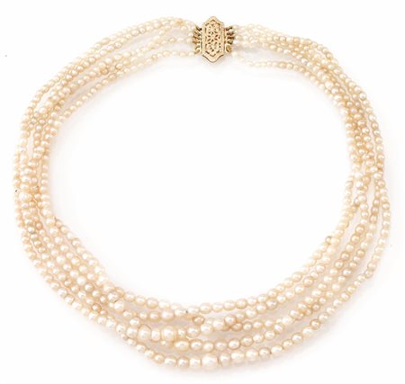 COLLANA IN ORO GIALLO 14 K E PERLE NATURALIrealizzata a cinque fili di perle...