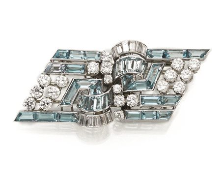 SPILLA&nbsp; A DOPPIA CLIP, ANNI '50, IN PLATINO, ORO BIANCO, ACQUEMARINE E...