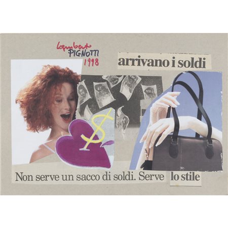 Lamberto Pignotti (Firenze 1926) "Arrivano i soldi" 1998 25x35 cm. collage su...