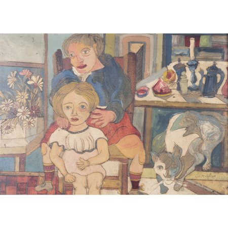 Giuseppe Serafini (Montelupo Fiorentino 1915 - 1987) "Interno con famiglia e...