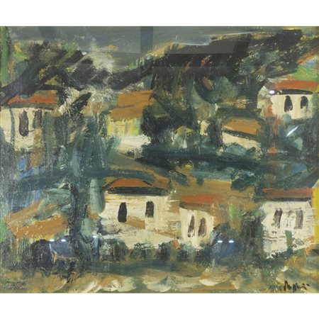 Piero Maggioni (Monticello Brianza 1931 - Viganò 1995) "Paesaggio con case"...