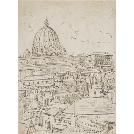 Orazio Amato (Anticoli Corrado 1884 - Roma 1952) "Veduta di Roma con Cupola...