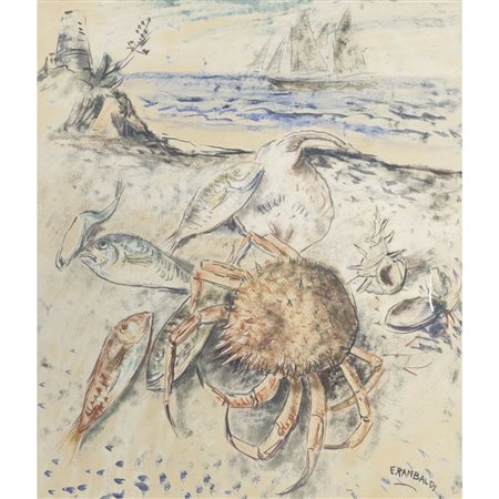 Emanuele Rambaldi (Pieve di Teco 1903 - Savona 1968) "Granchio e pesci sulla...
