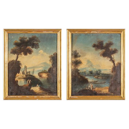 Scuola veneta sec.XVIII "Paesaggi con figure 