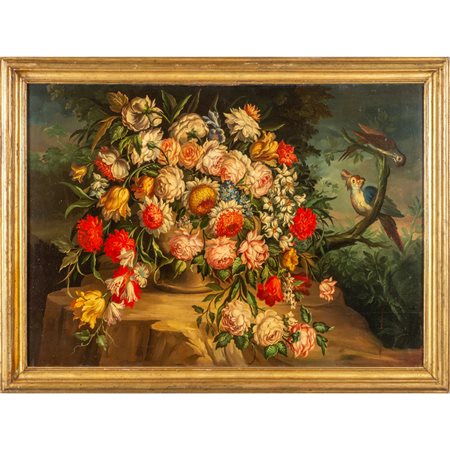 Scuola piemontese sec.XIX "Paesaggio con fiori e 