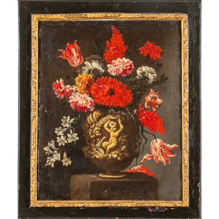 Scuola romana sec.XVII "Fiori" olio<br>cm. 58x74