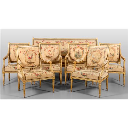 Salotto Luigi XVI in legno laccato azzurro e oro 