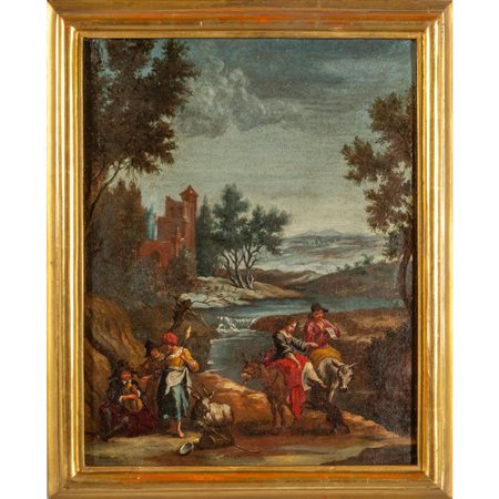 Scuola lombarda sec.XVIII "Paesaggio animato" 