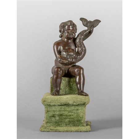 Putto con delfino, scultura in bronzo a patina 