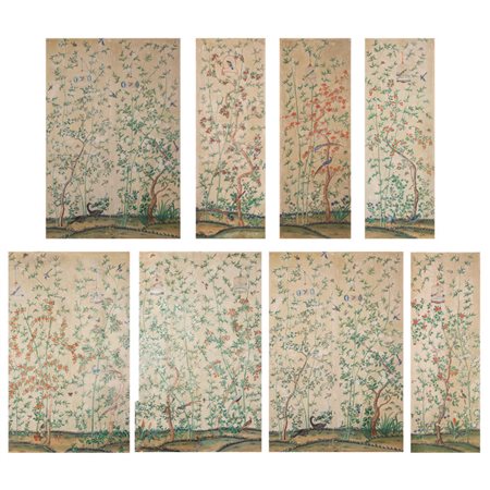 Serie di otto pannelli decorati a tempera su 