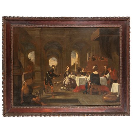 Scuola veneta sec.XVII "Scena di banchetto" olio, 