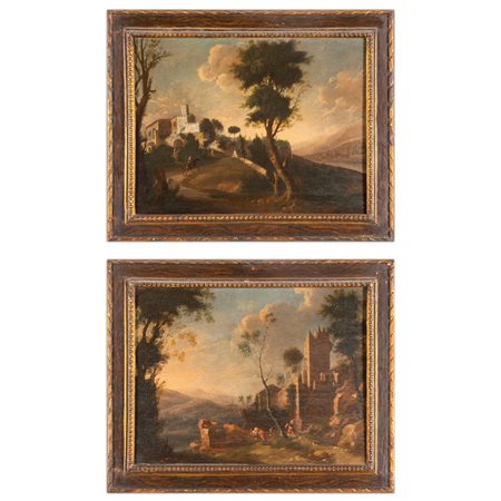 Scuola romana sec.XVII "Paesaggi con viandanti" 