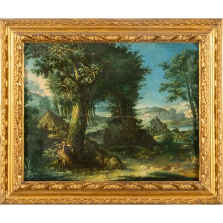 Scuola fiamminga sec.XVIII "Paesaggio boscoso" 