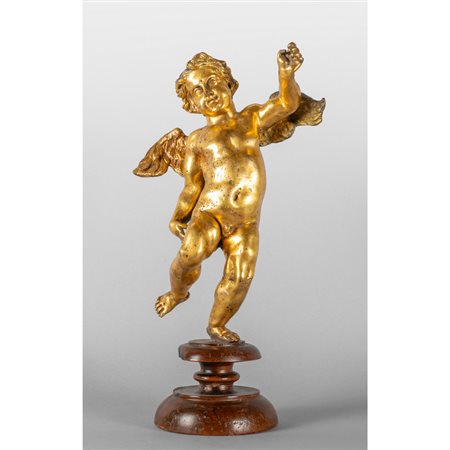 Angelo, scultura in bronzo dorato, base in legno, 