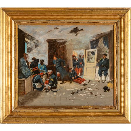 E.Stock <br>Battaglia in un interno<br>olio   cm. 
