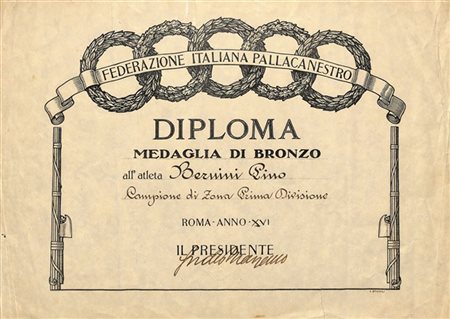 Lino BERNINI. Diploma consegnato al giocatore dalla Federazione Italiana di Pal