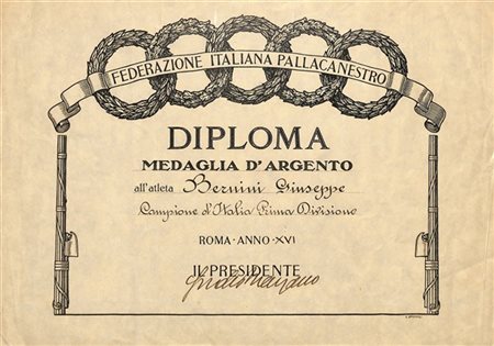 Giuseppe BERNINI. Diploma consegnato al giocatore dalla Federazione Italiana di