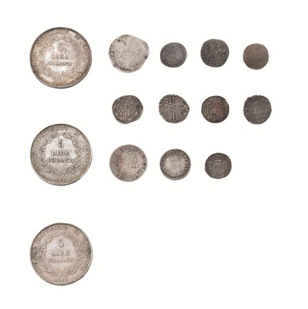 QUATTORDICI MONETE IN ARGENTO E BRONZOMilano, tre monete da 5 lire del...