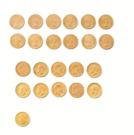 VENTIDUE STERLINE D&rsquo;ORO, RE E REGINAdate varie;20 LIRE D&rsquo;ORO,...