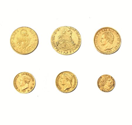 SEI MONETE D&rsquo;ORO:Genova, 96 lire, 1792;Spagna, Carlo III, 8 escudos,...
