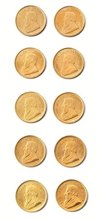 SUD AFRICA, DIECI MONETE IN ORO DA 1 KRUGERRANDpeso g 33,93, titolo 916 e...