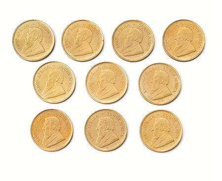 SUD AFRICA, DIECI MONETE IN ORO DA 1 KRUGERRANDpeso g 33,93, titolo 916 e...