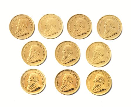 SUD AFRICA, DIECI MONETE IN ORO DA 1 KRUGERRANDpeso g 33,93, titolo 916 e...