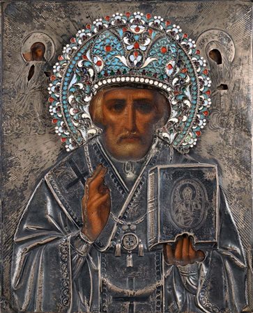 Iconografo russo del XIX secolo  
San Nicola benedicente con Cristo e la Vergine ai lati 
tempera su tavola cm 24,5x20