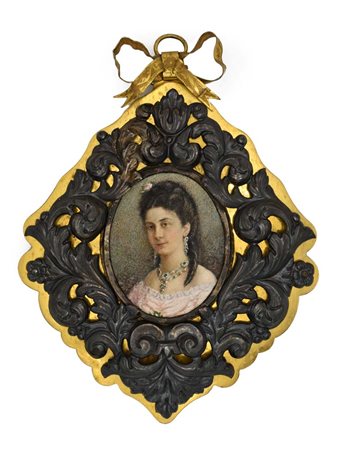  
Pendente in ottone e argento con miniatura, XIX secolo 
 cm 16x12 - miniatura cm 6x4,8