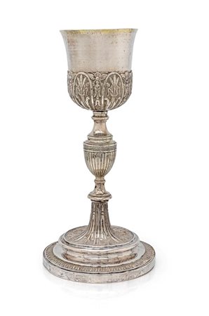  
Calice liturgico in argento con spighe e fiori cesellati, Roma 
 cm 24,7x8 - gr. 266