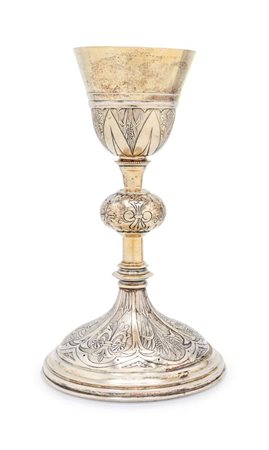  
Calice liturgico in argento con spighe e uva incisi 
 cm 24,5x9 - gr. 340