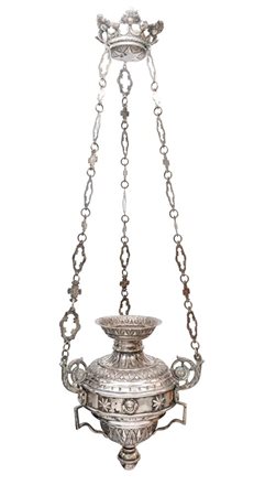  
Lampada pensile con teste di cherubino alternate a stelle sospesa da tre catene 
 altezza cm 66 - gr. 836
