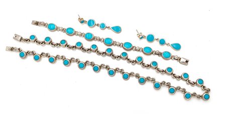  
Parure composta da collana, bracciale e coppia di orecchini con smalti turchese 
 peso complessivo gr. 90