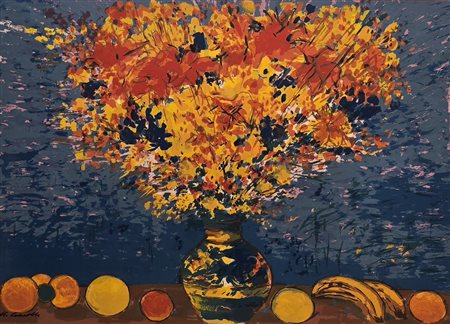 CASCELLA MICHELE, 70 X 100 cm, polimaterico multiplo, vaso di fiori, al retro...