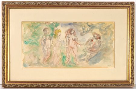 ALIGI SASSU, 18 X 35 cm, ”Quattro Nudi" acquerello su carta. Anno 1988. Firma...