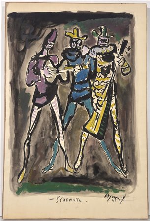 FRANCO ROGNONI, 48,5 X 32 cm, ”Serenata tecnica mista su carta intelata....