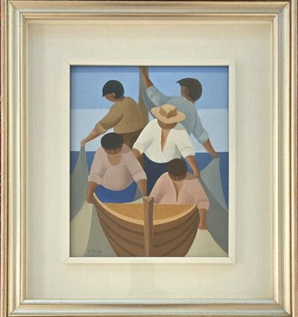 UGO FRIGO, ( 1935 ), 30 X 25 cm, olio su tela, titolo “ Cinque in Barca”,...