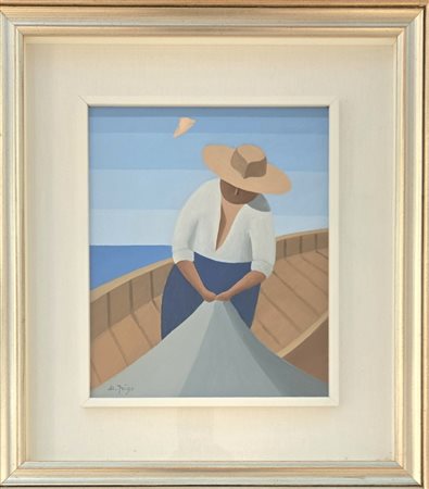 UGO FRIGO, ( 1935 ), 30 X 25 cm, olio su tela, titolo “ In alto mare”,...