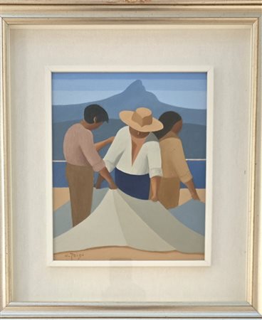 UGO FRIGO, ( 1935 ), 30 X 25 cm, olio su tela, titolo “ Stendere le reti”,...