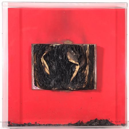 BERNARD AUBERTIN, 60 X 60 cm, ”Livre Brulè" Libro bruciato su tavola rossa....