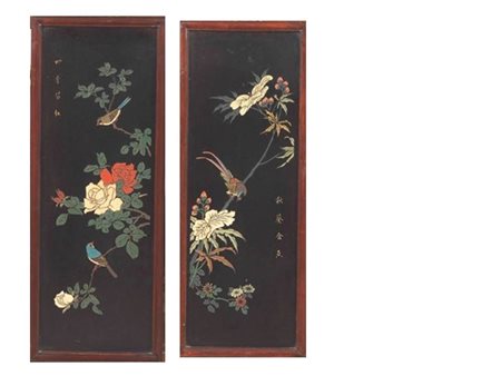 COPPIA DI PANNELLI CINA SEC. XX&nbsp; in legno laccato coromandel con fiori e...