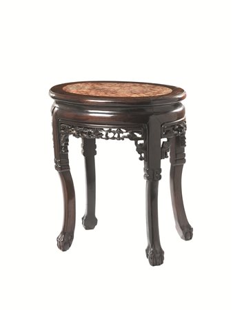 DUE SGABELLI CINA SEC. XIX in legno, decorati con placche in porcellana del...